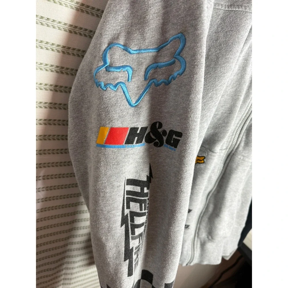 Fox Racing Y2K Mens Zip Up Hoodie Grey Black Motocross Graphic Sherpa Lined XL
